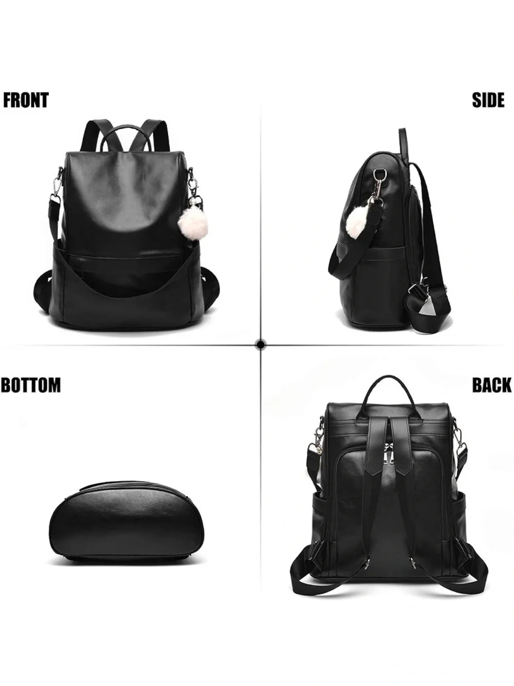 Stylish Black Women's Faux Leather Backpack with Pom Charm